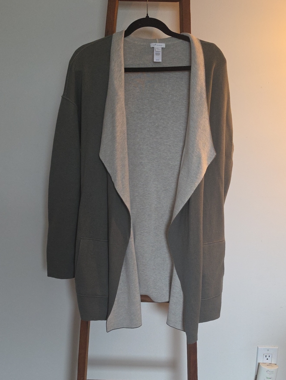 J. Jill Two-Tone Open-Front Cardigan in Olive & Light Gray